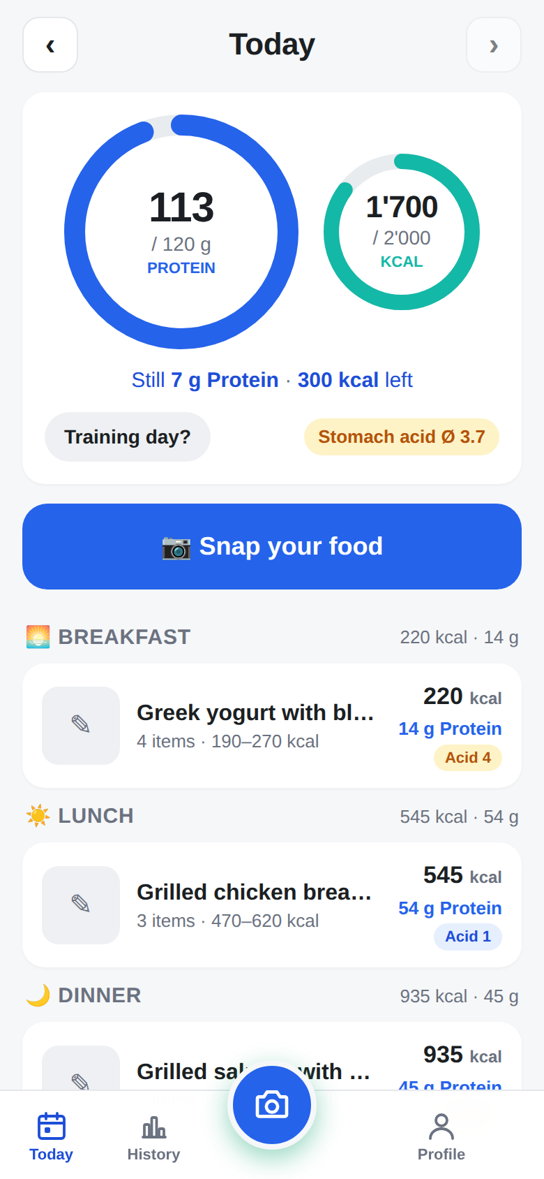 ProteinPeek daily view: protein ring and calorie ring, meals with calories, protein and stomach-acid index